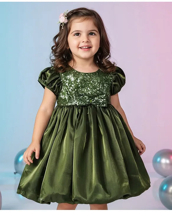 K-03 Babyhug Dark Green Sequinned Yoke Party Dress (P4-only)