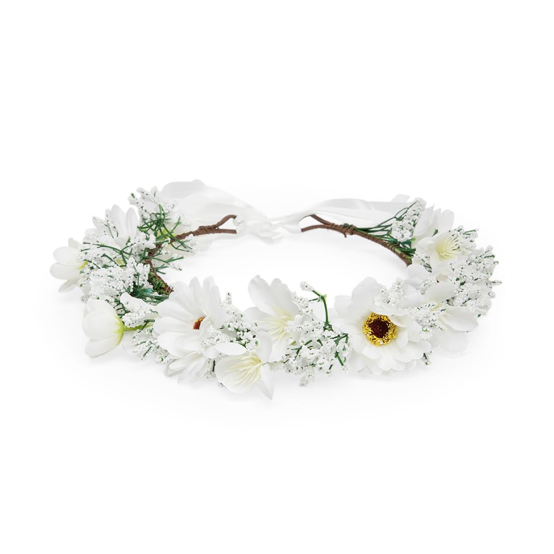 B-17 Radhu & Kabby White Floral Hair Tiara w/ Baby's Breath + Ribbon Tie