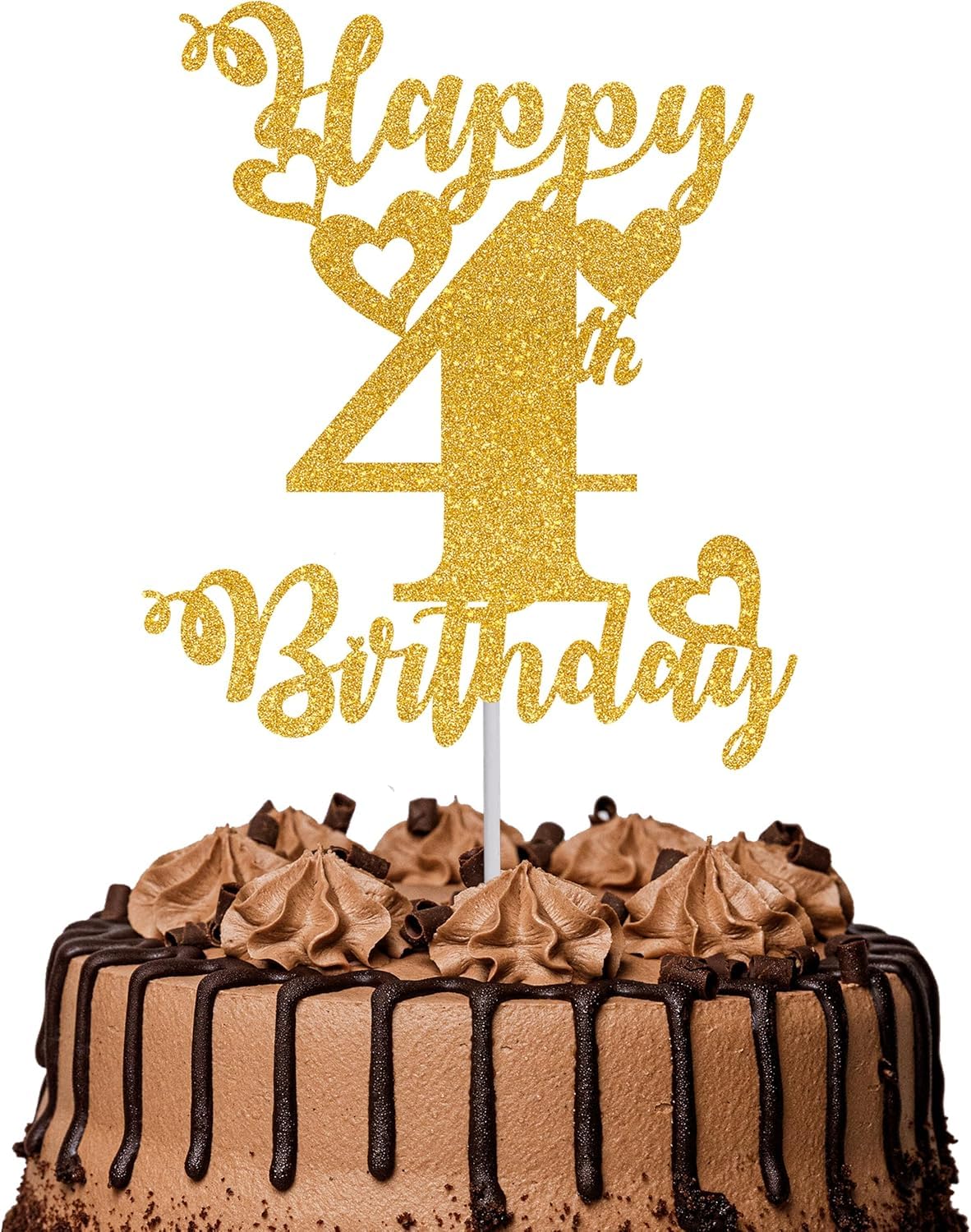 B-18 TrifleArte Happy Fourth Birthday Glitter Gold Pre-Assembled Cake Topper