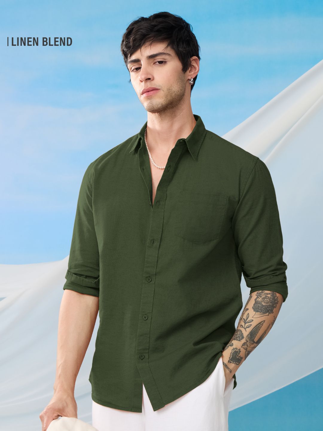 N-43 Souled Store Solids Olive Ivy Green Cotton Linen Shirt L