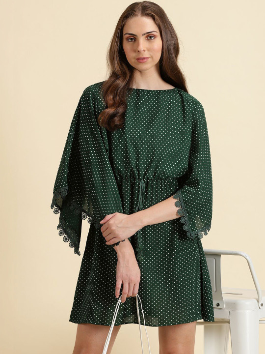 Y-NEW-Cv-A SHOWOFFFF Polka Dot Emerald Chiffon Batwing Kaftan