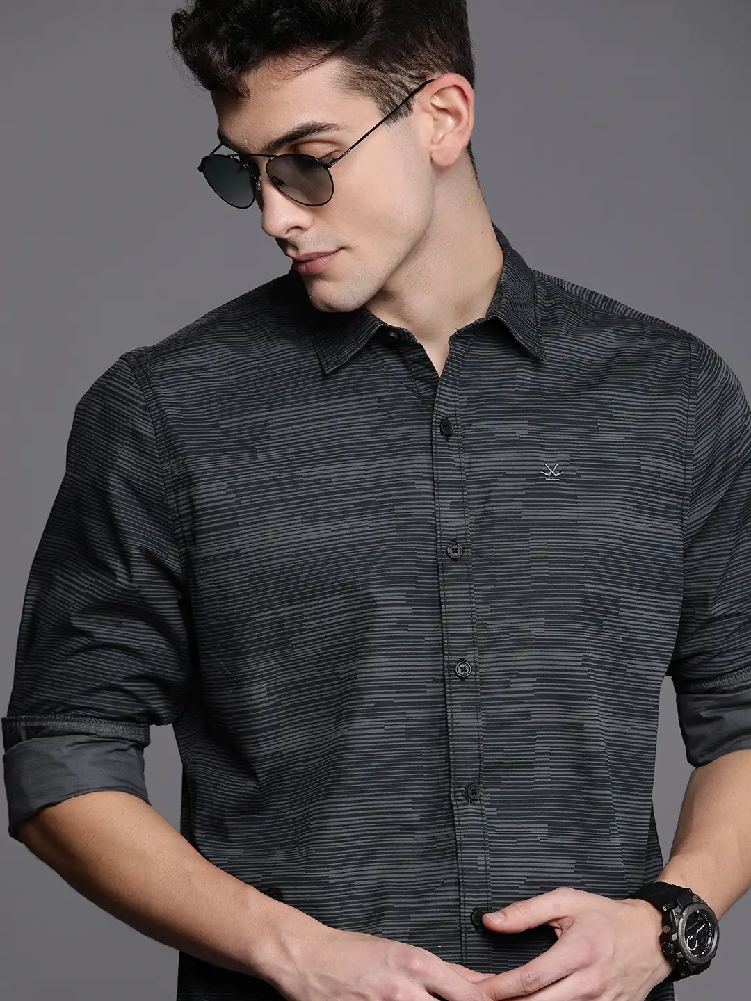 OWNED-N4 WROGN charcoal stripe slim shirt — D8 AM temple modesty