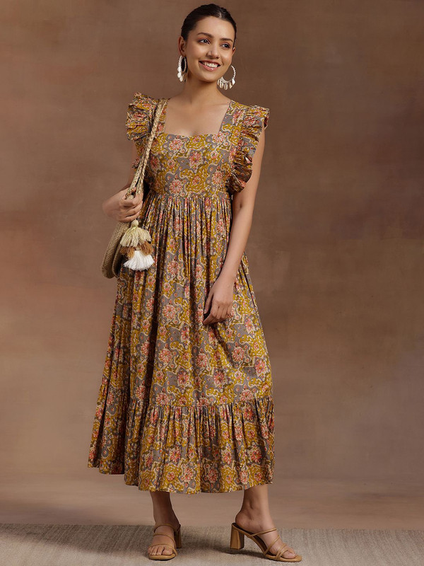 Owned Libas mustard+brown floral tiered midi — Day 16 flight alt