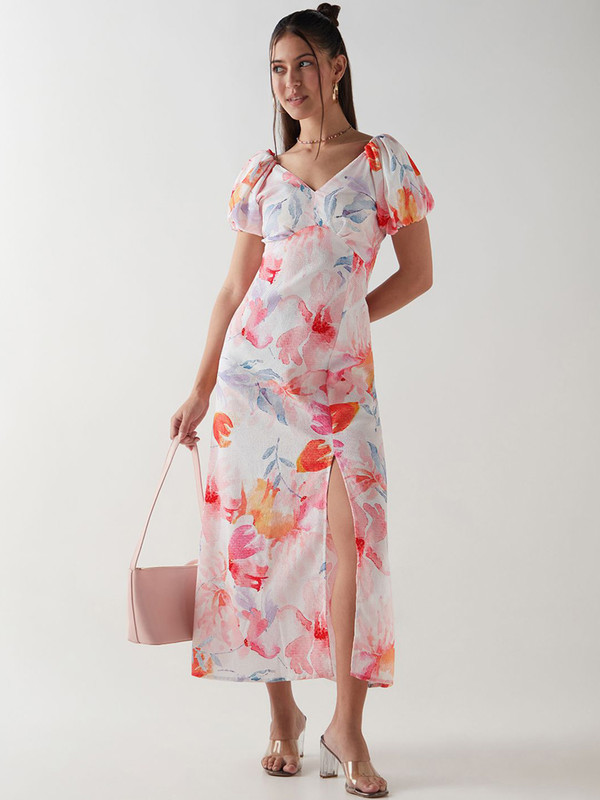 Owned Bewakoof white watercolor floral puff-sleeve maxi — Day 13 villa evening