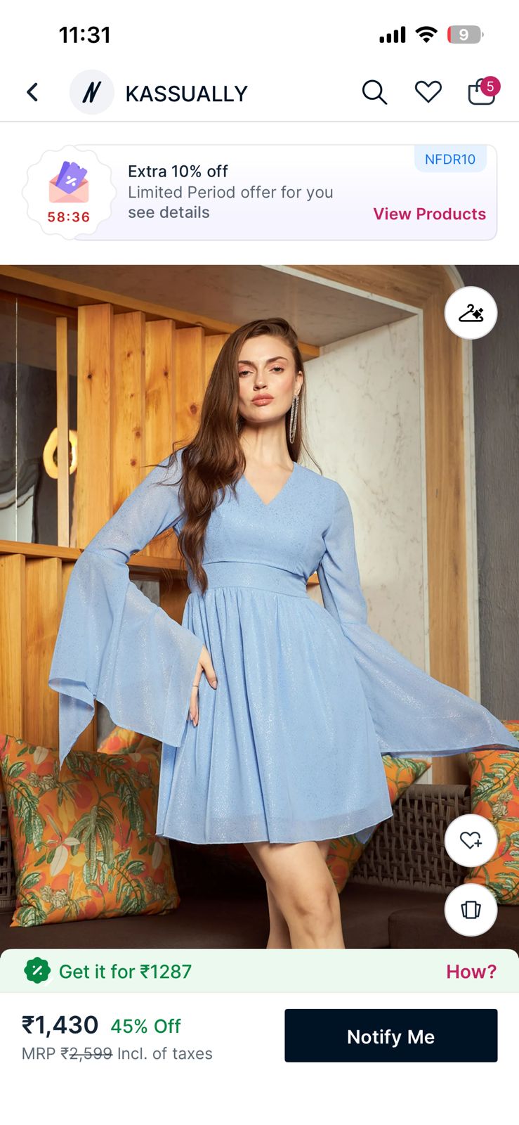 OWNED-Y12 KASSUALLY powder-blue bell-sleeve shimmer mini