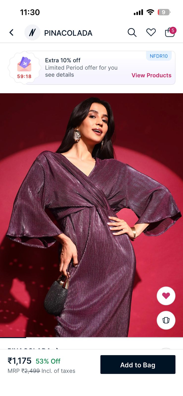 OWNED-Y15 PINACOLADA mauve pleated metallic kaftan maxi
